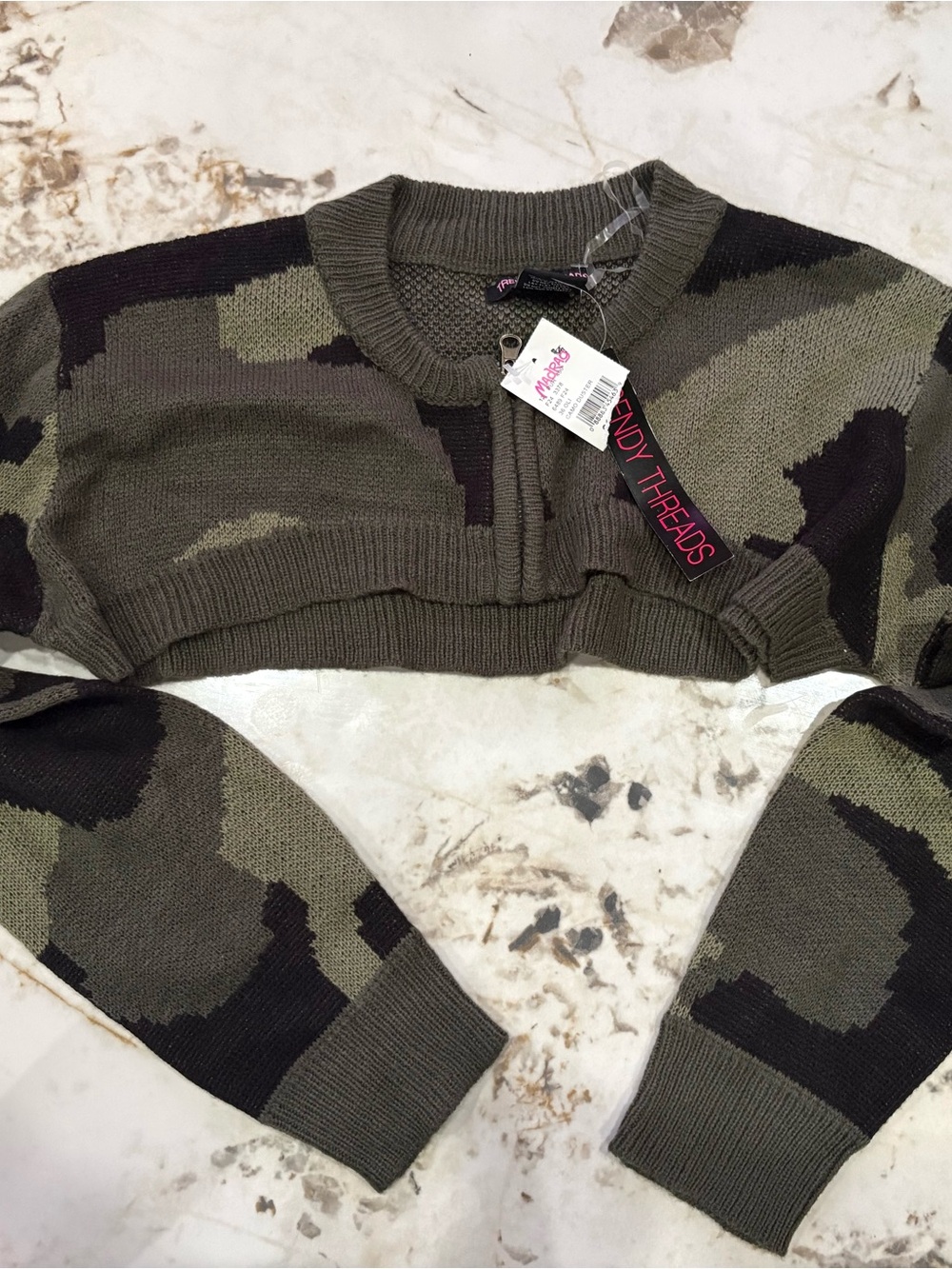 Camo Cropped Knit Jacket - Olive Green by Candy Threads